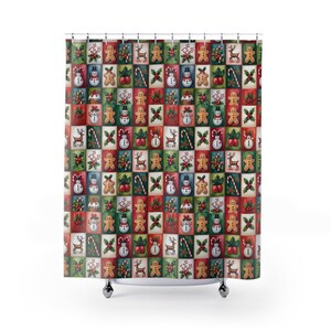 Christmas Patchwork Pattern Shower Curtain , Holiday Snowman Gingerbread Holly image 2