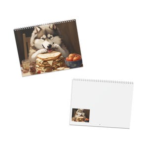 Peut inclure: Un calendrier mural &agrave; reliure spirale pr&eacute;sentant une illustration num&eacute;rique d'un chien husky gris et blanc assis &agrave; une table, mangeant un grand sandwich multicouche au fromage, accompagn&eacute; d'un bol de tomates rouges et d'un petit bocal en verre.