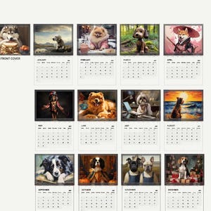 Peut inclure: Un calendrier mural pr&eacute;sentant douze pages mensuelles avec diverses races de chiens dans des d&eacute;cors vari&eacute;s, incluant un husky sur la couverture, un shiba inu, un beagle et un bouledogue fran&ccedil;ais, avec des grilles de dates de janvier &agrave; d&eacute;cembre.