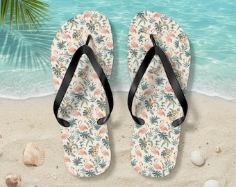 Tropical Flamingo Floral Flip Flops, Beach Summer Sandals