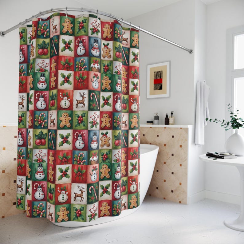 Christmas Patchwork Pattern Shower Curtain , Holiday Snowman Gingerbread Holly image 1