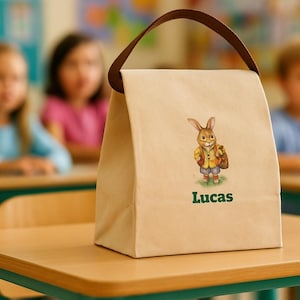 Peut inclure: Un sac à déjeuner beige avec une poignée marron, orné d'un lapin de dessin animé portant une veste jaune et un sac. Le nom "Lucas" est imprimé en vert. Le sac est posé sur un bureau en bois dans une salle de classe.