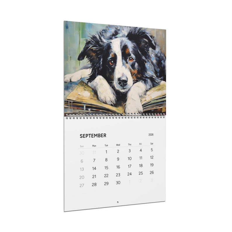 Peut inclure: Un calendrier mural 2026 illustr&eacute; d'une peinture repr&eacute;sentant un border collie noir et blanc posant sa t&ecirc;te sur un livre ouvert. La page du calendrier affiche le mois de septembre avec une grille de dates en noir sur fond blanc, reli&eacute;e par spirale.