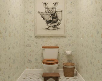 Póster divertido de baño de cerdo, arte de baño de cerdo leyendo periódico, regalo para amantes de los cerdos, decoración de baño vintage de animales, regalo de inauguración de la casa