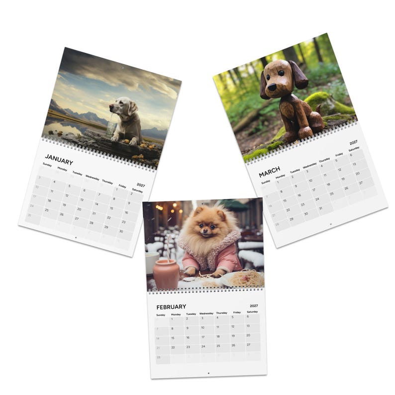 Peut inclure: Trois pages de calendrier mural pour 2027, pr&eacute;sentant janvier avec un Labrador jaune au bord d'un lac, f&eacute;vrier avec un Pom&eacute;ranien duveteux en manteau rose, et mars avec une figurine de chien en bois sculpt&eacute; dans une for&ecirc;t, avec grilles.