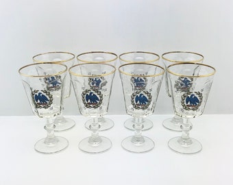 Set Of 8 Bicentennial Commemorative 1776 1976 Blue Eagle / Gold Trim Goblet Glasses