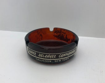 Upper Delaware Campgrounds, Callicoon, NY ~ Vintage Advertising Ashtray, Amber Glass