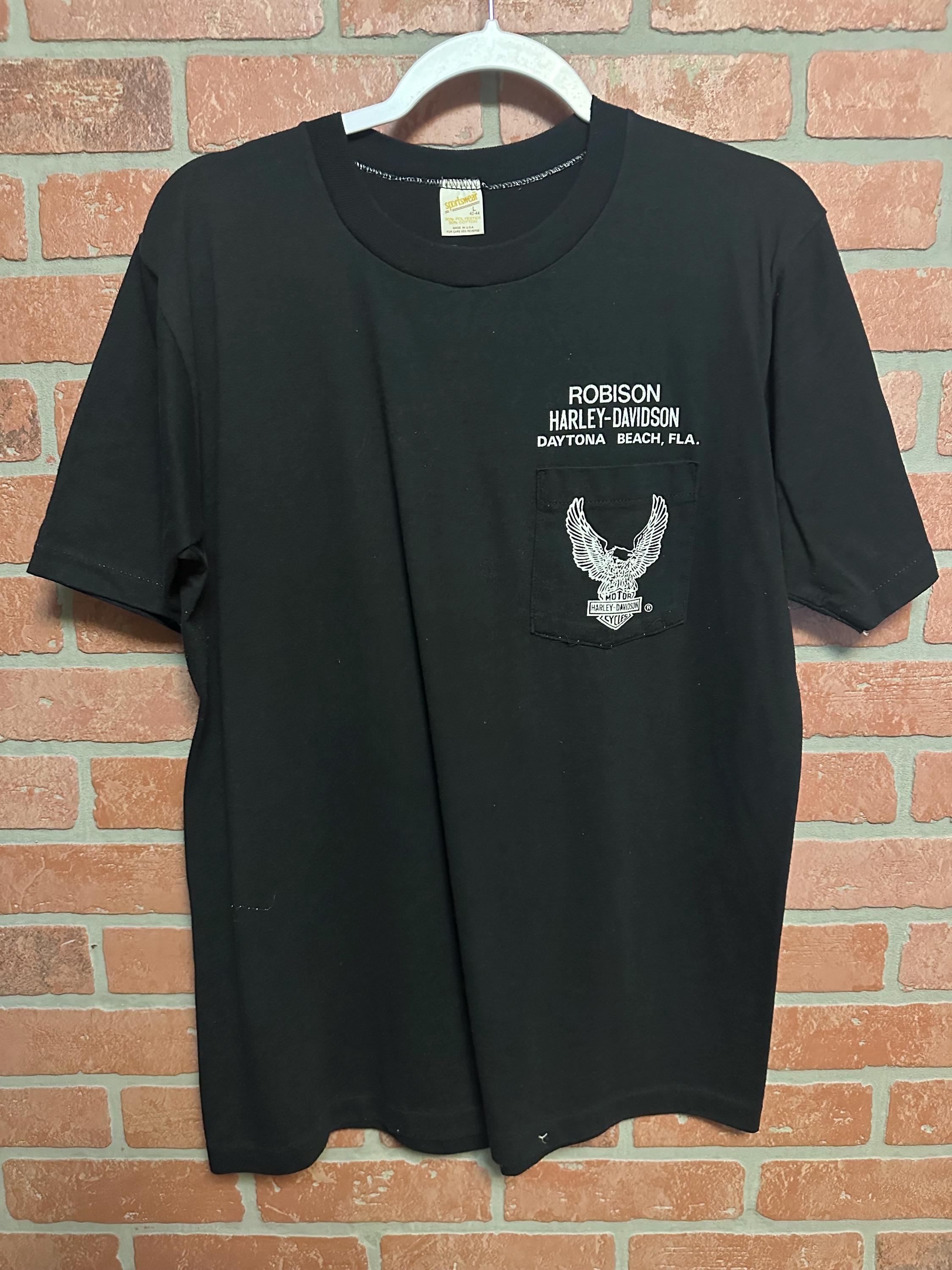 1980s Robison Harley Davidson Daytona Beach Florida Black Pocket T 