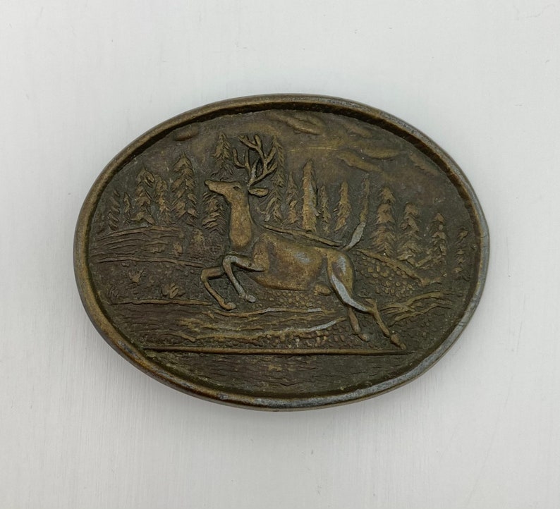 Vintage Solid Brass Leaping Forest Buck Belt Buckle