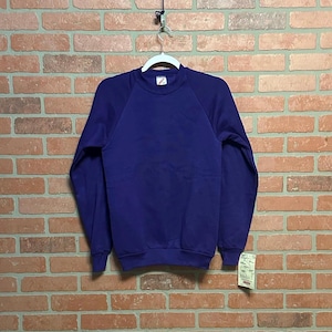 May include: A solid purple crew neck sweatshirt with long sleeves, hanging on a white hanger. The sweatshirt is displayed against a brick wall background. A tag is attached to the bottom of the sweatshirt.