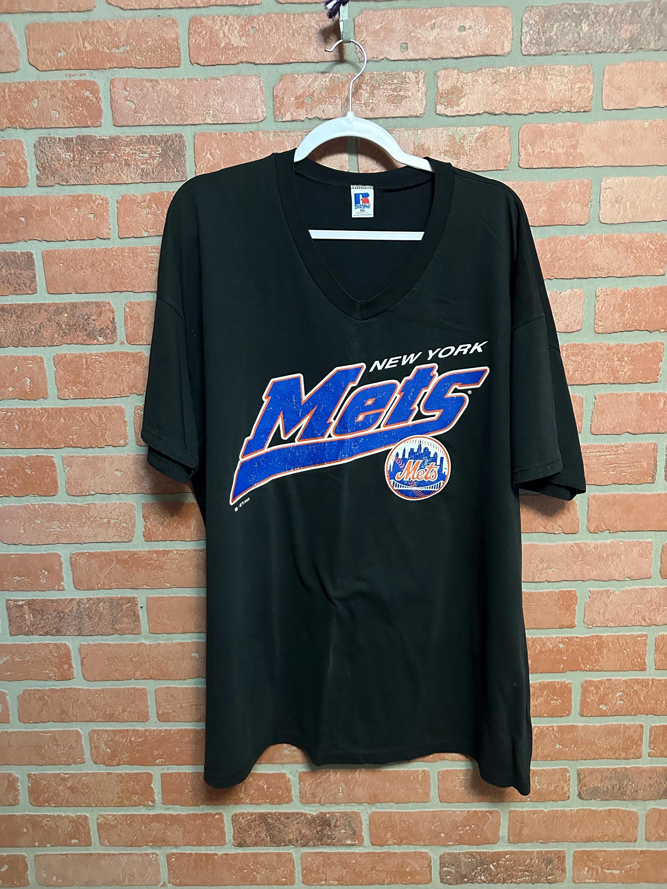 2000 Russell Athletic XXL New York Mets Black T Shirt V-neck USA