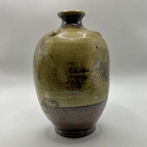 May include: A handcrafted ceramic vase with a rounded body and a narrow neck. The vase features a two-tone color scheme, with a dark brown base and a mottled olive green upper section. The surface has a textured, rustic appearance.