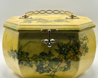 Vintage Mid-Century Decoupage Wood Box Purse | Yellow Lacquer Grape Motif Octagon Handbag | Brass Chain Handle