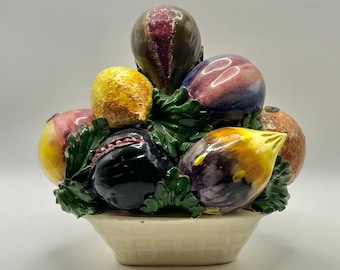 Vintage Italian Majolica Ceramic Fruit Basket Centerpiece — Trompe l'oeil Figs, Lemons & Plums — Made in Italy