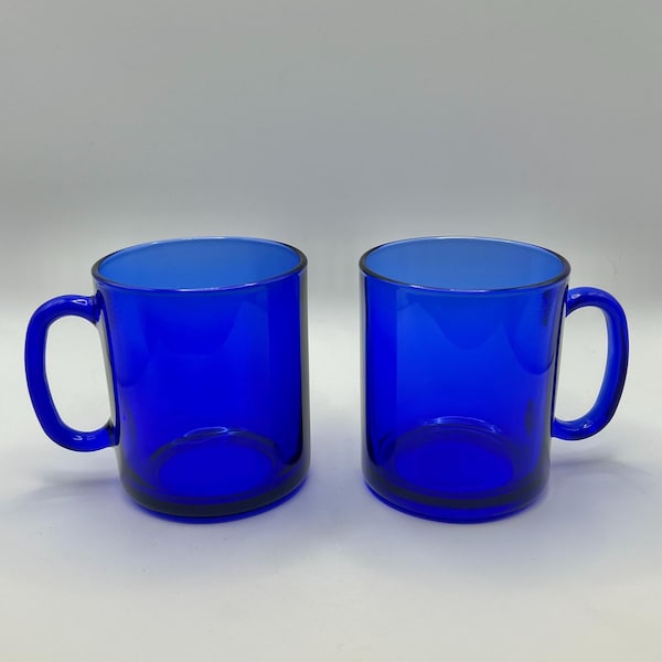 Vintage Cobalt Blue Glass Mugs, Set of 2 — Made in France, Arcoroc Style, MCM Glassware