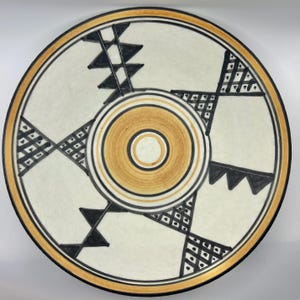 Southwestern Style Studio Pottery Bowl, Black & Ochre Geometric Design, Textured Grogged Clay, Incised Cipher Mark, Decorative Only