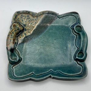 Studio Pottery Art Tray, Handbuilt Square Dish, Blue Green & Amber Crystalline Glaze, Curled Handle Details, Signed Ceramic Catchall 6.25"