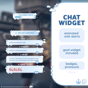 May include: A blue and white chat widget for Twitch streamers with animated alerts, a goal widget, badges, and pronouns. The text "TITLE HERE 1/3" is at the top of the widget. The text "ANN JUST SUBSCRIBED" is in a blue box with a white star. The text "Vryhoth She/Her" is in a blue box with a white star. The text "twitch compatible only!" is in a blue box with a white star. The text "Moderator" is in a blue box with a white star. The text "coded in streamelements" is in a blue box with a white star. The text "VIP user" is in a blue box with a white star. The text "I'm fine, thank you! <3, im very glad to see that you are interested in this chat widget!" is in a blue box with a white star. The text "vryhoth She/Her" is in a blue box with a white star. The text "<3<3<3" is in a blue box with a white star. The text "CHAT WIDGET" is in a blue box with a white star. The text "animated with alerts" is in a blue box with a white star. The text "goal widget included" is in a blue box with a white star. The text "badges, pronouns" is in a blue box with a white star.