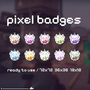 P2U Bubble Tea Cat Drink Pixel Badges Cute Kawaii Twitch Sub Bit Points Pink Customizable Cute  l Badges for streamers l