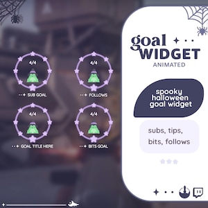 May include: A purple and white animated Halloween goal widget with a frog wearing a witch hat. The widget has four sections for tracking goals: sub goal, follows, goal title here, and bits goal. The text "goal + WIDGET ANIMATED" is at the top of the widget. The text "spooky halloween goal widget" is in a purple box below the widget. The text "subs, tips, bits, follows" is in a white box below the purple box. The widget is designed for Twitch streamers.