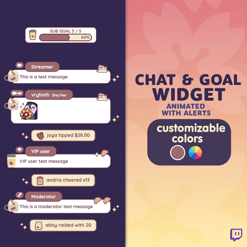 May include: A chat and goal widget for Twitch streamers with customizable colors. The widget features a progress bar, a chat box, and a list of recent donations and cheers. The widget is animated and includes alerts for new donations and cheers.