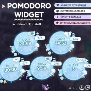 Könnte beinhalten: Digitales Pomodoro-Widget-Interface mit dunklem Hintergrund und hellblauen kreisförmigen Timern. Die Oberfläche enthält Optionen für Fokus, Pause, Pause und Start, mit animierten Quallengrafiken und Text wie "Animated with Sounds".