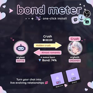 Könnte beinhalten: Digitalgrafik mit dem Text "bond meter" und "one-click install". Das Bild zeigt ein rosa und lila Farbschema mit Cartoon-Avataren und Beziehungsstatusanzeigen. Der Text enthält "Crush", "Hidden crush" und "Almost romantic".