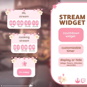 May include: A pink and white digital countdown timer widget with a customizable timer. The widget displays days, hours, minutes, and seconds. It features a pink background with white text and a floral design. The text "STREAM WIDGET" is displayed in brown text at the top of the widget.
