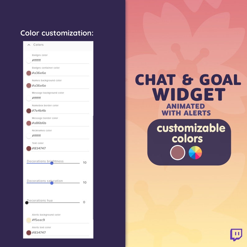 May include: A customizable chat and goal widget with animated alerts. The widget features a color palette with a brown, red, yellow, green, blue, and purple color scheme. The text on the widget reads "CHAT & GOAL WIDGET ANIMATED WITH ALERTS customizable colors".