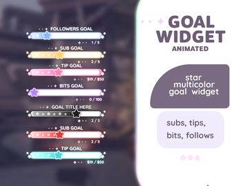 May include: Animated goal widget with a star design. The widget has a purple background and displays different goal types, including followers, subs, tips, and bits. The text "GOAL WIDGET ANIMATED" is displayed at the top of the widget.