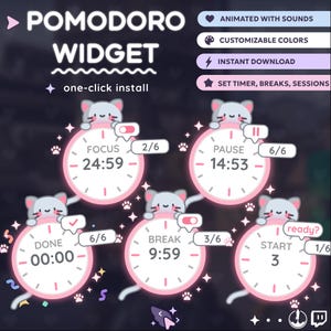 Peut inclure: Conception de widget Pomodoro numérique sur fond sombre. Le design présente des horloges sur le thème des chats affichant les minuteries "Focus", "Pause", "Break", "Start" et "Done". Le texte comprend "Animé avec sons", "Couleurs personnalisables" et "Téléchargement instantané".