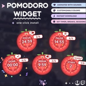 Könnte beinhalten: Grafik des Pomodoro-Widgets mit dem Text "POMODORO WIDGET" und "one-click install". Das Bild zeigt tomatenförmige Timer, die Konzentrations-, Pausen-, Pausen- und Startzeiten anzeigen. Zusätzlicher Text enthält "ANIMATED WITH SOUNDS" und "CUSTOMIZABLE COLORS".