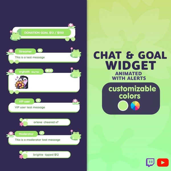 P2U Personnalisable Chat Widget Objectif Grenouille Crapaud Lotus Fleur Feuille Verte Flux Mignon Streamelements l Widgets pour streamers l Twitch personnalisé