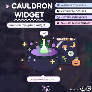 Könnte beinhalten: Digitalgrafik mit einem Kessel-Widget mit dem Text "CAULDRON WIDGET" und "Cauldron minigame widget". Der Kessel hat eine lila Flüssigkeit und eine grüne Flaschen. Zusätzlicher Text enthält "ANIMATED WITH SOUND", "CUSTOMIZABLE COLORS" und "COMMON, RARE, LEGENDARY".