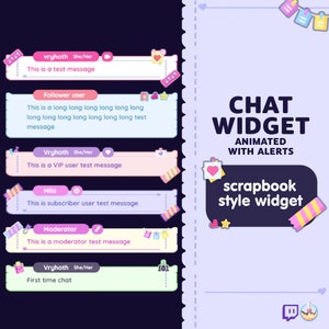 Könnte beinhalten: Ein farbenfrohes Chat-Widget mit animierten Benachrichtigungen. Das Widget hat ein Scrapbook-Design mit rosa, gelben und blauen Akzenten. Der Text "CHAT WIDGET ANIMATED WITH ALERTS" wird in schwarzer Schrift auf einem violetten Hintergrund angezeigt. Der Text "scrapbook style widget" wird in weißer Schrift auf einem schwarzen Hintergrund mit einem rosa-gelben Streifenrand angezeigt.
