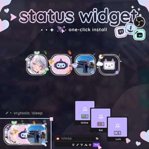 May include: A digital graphic with the text "status widget" and "one-click install." The image features several animated icons, including a robot, a cat, and a picture of a building. There are also several purple boxes with the words "Online", "Eat", and "Lurk".