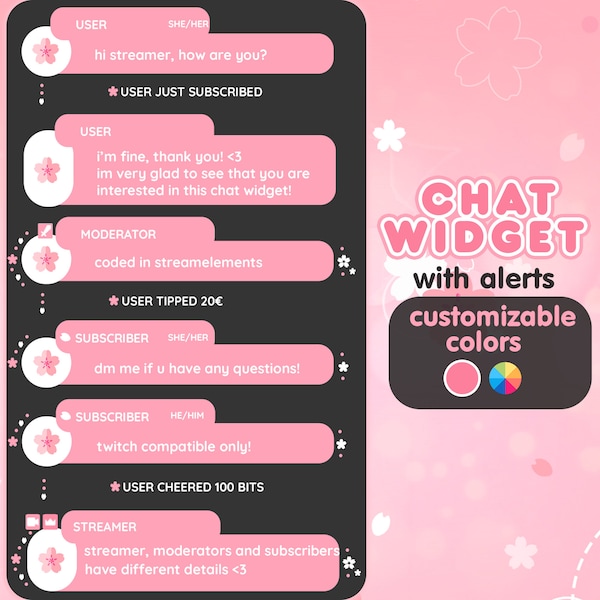 P2U Widget de chat personnalisable Cherry Blossom Pink Sakura Stream Chatbox Cute Streamelements l Widgets pour streamers l Custom Twitch Premade