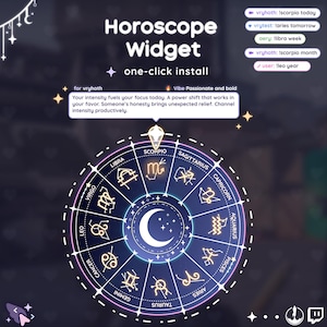 May include: A digital graphic for a horoscope widget, featuring a circular zodiac design with astrological symbols and the text "Horoscope Widget." The design includes a crescent moon, stars, and the text "one-click install."