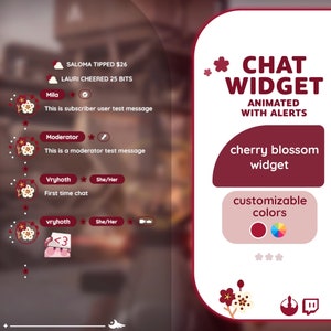 May include: A pink and red animated chat widget with a cherry blossom theme. The widget features customizable colors and alerts. The text "CHAT WIDGET ANIMATED WITH ALERTS" is displayed in white text on a pink background. The text "cherry blossom widget" is displayed in white text on a red background. The text "customizable colors" is displayed in white text on a pink background. The widget also features a red circle and a color wheel.