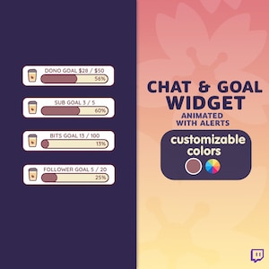 May include: A graphic showing a chat and goal widget with customizable colors. The widget has four progress bars with labels for donations, subscriptions, bits, and followers. The progress bars are filled with different colors and show the percentage complete. The widget is animated with alerts.