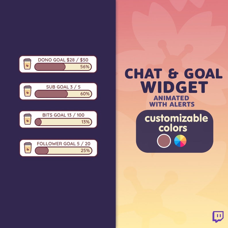 May include: A graphic showing a chat and goal widget with customizable colors. The widget has four progress bars with labels for donations, subscriptions, bits, and followers. The progress bars are filled with different colors and show the percentage complete. The widget is animated with alerts.