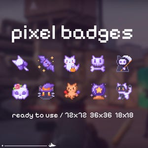 May include: A collection of pixelated badges with a Halloween theme. The badges feature various designs, including cats, bats, and witch hats, in shades of purple, orange, and white. Text at the top reads "pixel badges" and text at the bottom reads "ready to use / 72x72 36x36 18x18".
