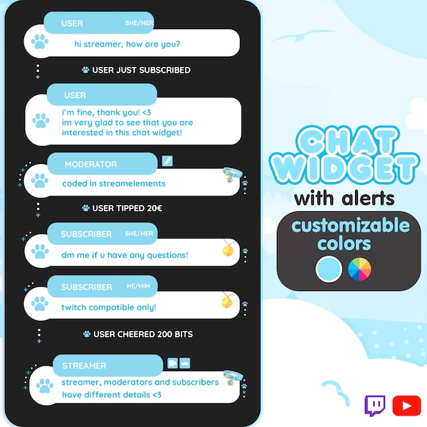P2U Customizable Chat Widget Paw Pet Cat Dog Blue Stream Chatbox Cute Streamelements l Widgets for streamers l Custom Twitch Youtube