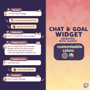 May include: A graphic illustration of a chat and goal widget with animated alerts. The widget is customizable with different colors. The image shows a purple, brown, and rainbow color scheme.