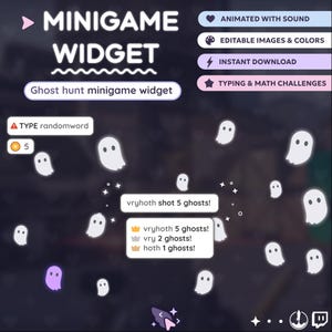 May include: A digital graphic for a "Ghost hunt minigame widget" with animated ghosts. The design includes text elements like "MINIGAME WIDGET", "Ghost hunt minigame widget", and game stats. Additional features include editable images, colours, and instant download.