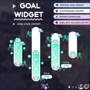 May include: A digital graphic with the text "GOAL WIDGET" and "one-click install." It features vertical goal widgets with frog and lily pad designs. Options include customizable colors and instant download.