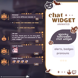Op de afbeelding: Geanimeerd Halloween-thema chatwidget voor Twitch-streamers. De widget heeft een paarse achtergrond met een griezelig Halloween-thema, inclusief pompoenen, vleermuizen en sterren. De widget bevat meldingen, badges en voornaamwoorden. De tekst "chatwidget" wordt weergegeven in witte letters op een zwarte achtergrond.