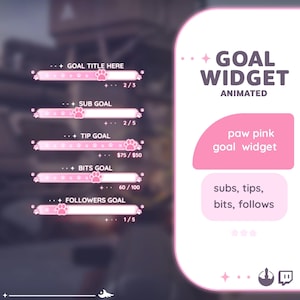 Può includere: Widget di obiettivo animato rosa con impronte di zampe per i flussi Twitch. Tieni traccia dei progressi per gli abbonati, le mance, i bit e i follower.