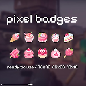 May include: A set of nine pixel art badges featuring various pink and white desserts with strawberries. The badges are ready to use in sizes 12x12, 36x36, and 18x18.