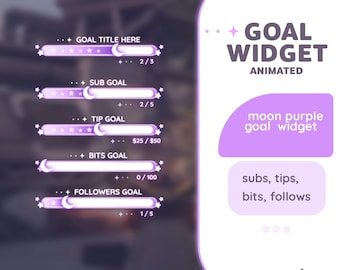 Può includere: Un widget di obiettivo animato in viola e bianco per streamer Twitch. Il widget mostra barre di progresso per diversi obiettivi, tra cui "Titolo dell'obiettivo qui", "Obiettivo di abbonamento", "Obiettivo di mancia", "Obiettivo di bit" e "Obiettivo di follower". Il widget include anche il testo "widget di obiettivo viola luna" e "abbonamenti, mance, bit, follower".